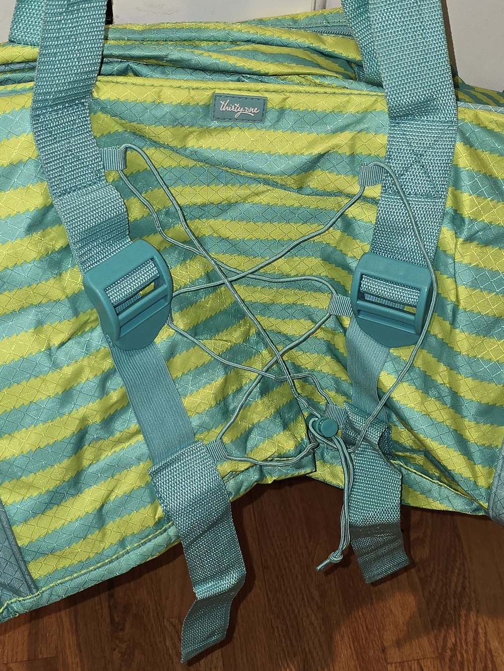 Thirty-One Teal & Lime Striped Tote Bag